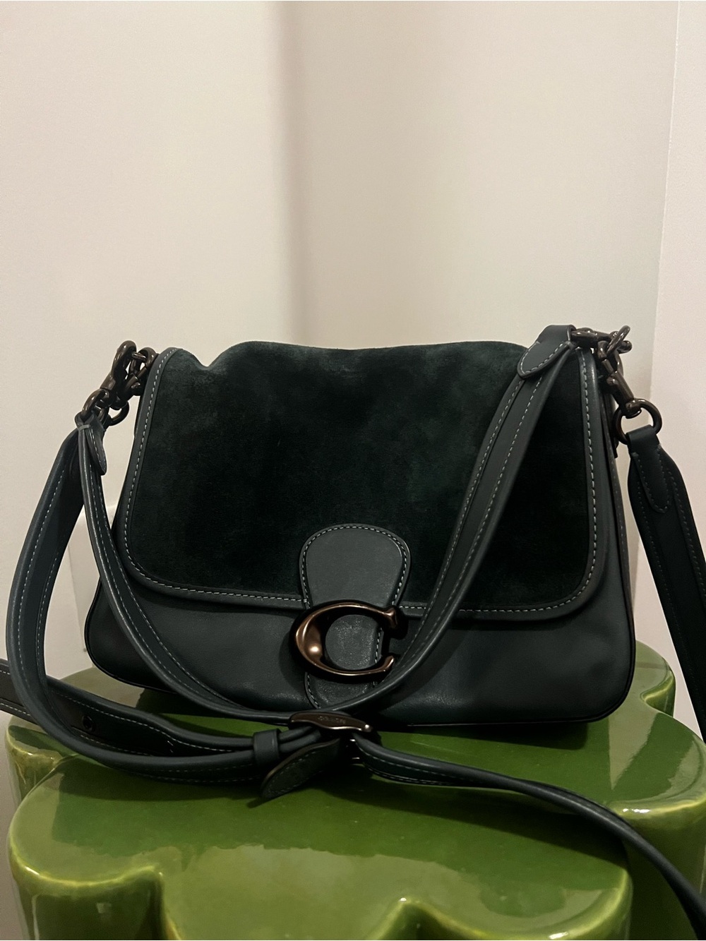 Coach Soft Tabby C5262 Pewter Forest Green Suede Leather Shoulder Bag
